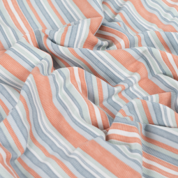Tissu jersey côtelé - Rayure saumon et bleu