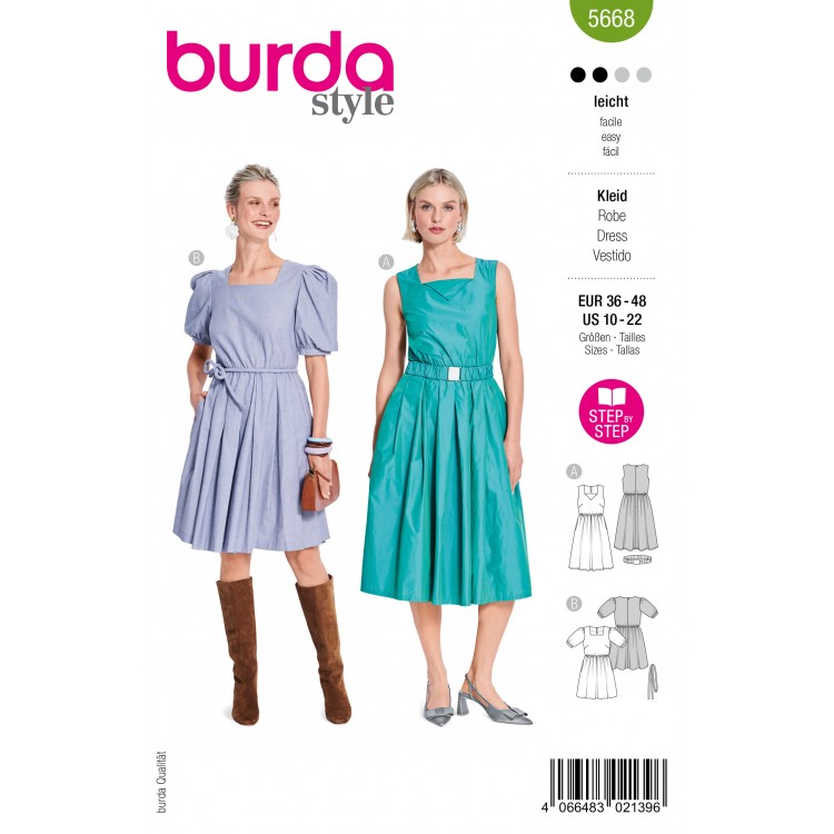 Patron Burda 5668 - Robe décolleté carré et jupe ample