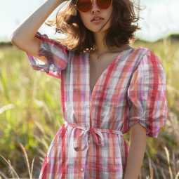 Tissu seersucker - Carreaux rose