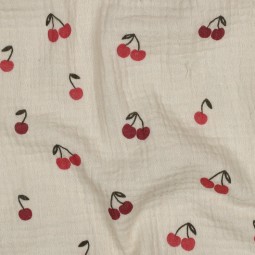 Tissu double gaze - Cerises fond écru