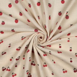 Tissu double gaze - Cerises fond écru