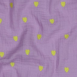 Tissu double gaze - Broderie coeur néon lavande