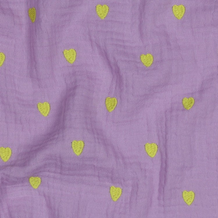 Tissu double gaze - Broderie coeur néon lavande