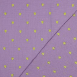 Tissu double gaze - Broderie coeur néon lavande