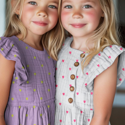 Tissu double gaze - Broderie coeur néon lavande