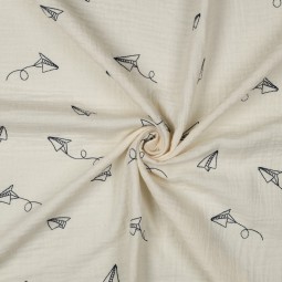 Tissu double gaze - Avions en papier naturel