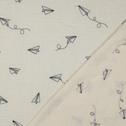 Tissu double gaze - Avions en papier naturel