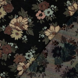Tissu jacquard - Gobelin chenille fleurs noirs
