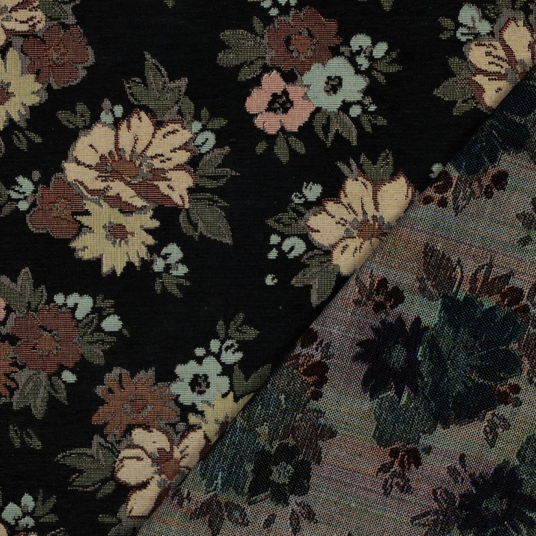 Tissu jacquard - Gobelin chenille fleurs noirs