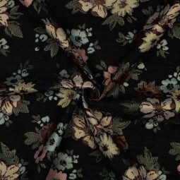 Tissu jacquard - Gobelin chenille fleurs noirs