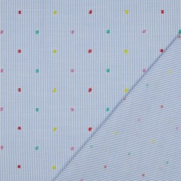 Tissu coton - rayures bleu et plumetis multicolore
