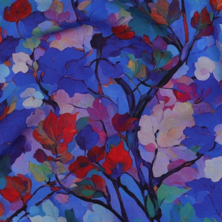 Tissu Viscose - Feuillage bleu cobalt