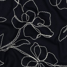 Tissu viscose lin - Fleur brodée marine
