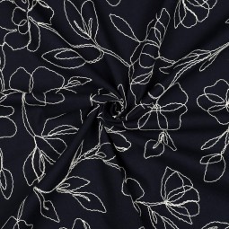 Tissu viscose lin - Fleur brodée marine