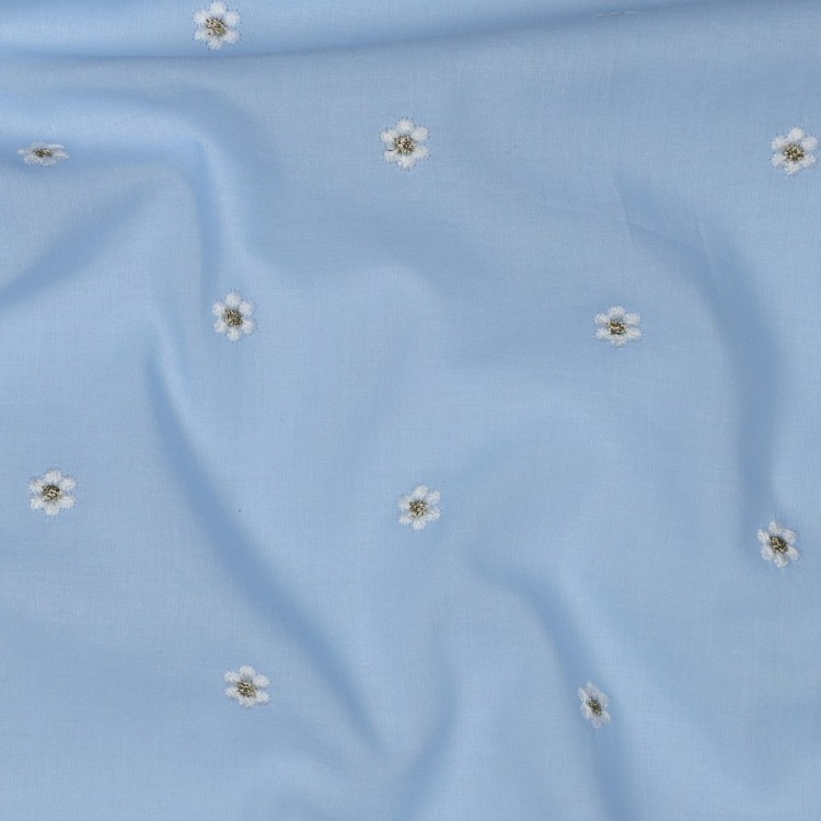 Tissu voile coton - Broderie Fleurs lurex bleu