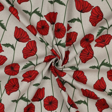 Tissu coton enduit - Coquelicot naturel