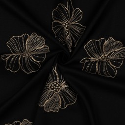 Tissu viscose lin - Broderie fleurs noirs