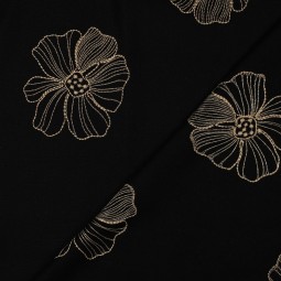 Tissu viscose lin - Broderie fleurs noirs