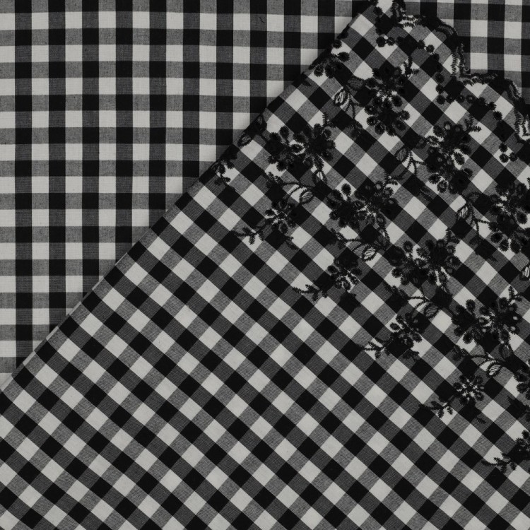 Tissu coton - Vichy bordure brodé