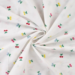 Tissu popeline - Broderie cerise multicolore