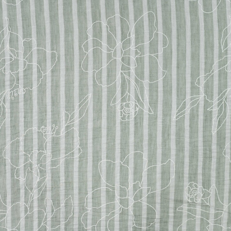 Tissu polyester - Rayure et broderie vert