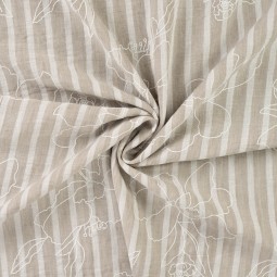 Tissu polyester - Rayure et broderie naturelle