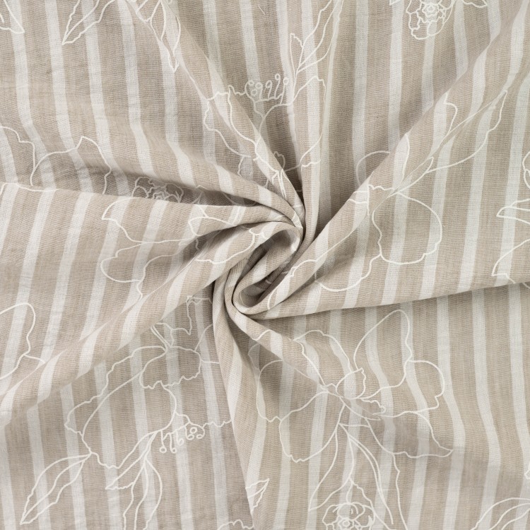 Tissu polyester - Rayure et broderie naturelle