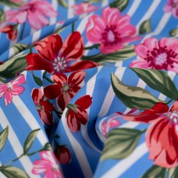 Tissu coton  extensible - Floral blue Stripe