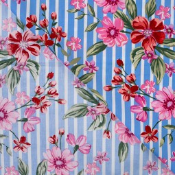 Tissu coton  extensible - Floral blue Stripe