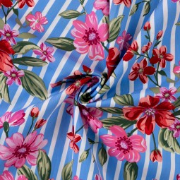 Tissu coton  extensible - Floral blue Stripe