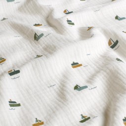 Tissu double gaze - Voiliers blanc cassé