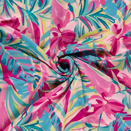 Tissu Polyester bubble - Fleurs rose clair