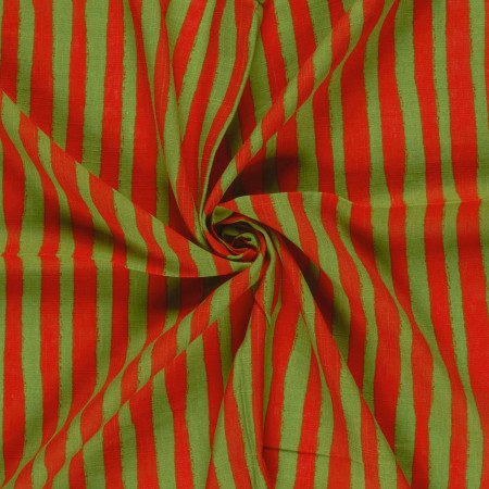Tissu coton viscose - Rayures orange vert