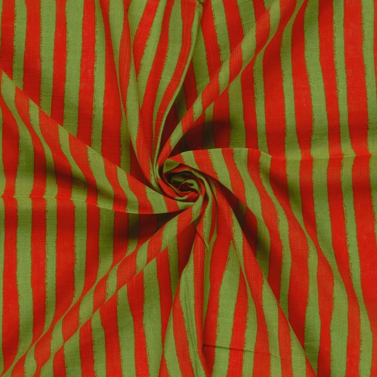 Tissu coton viscose - Rayures orange vert