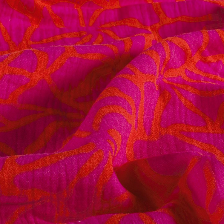 Tissu double gaze - Floral fuchsia et corail
