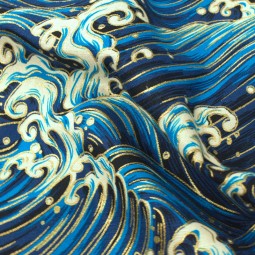 Tissu coton foil - Vague Bleu