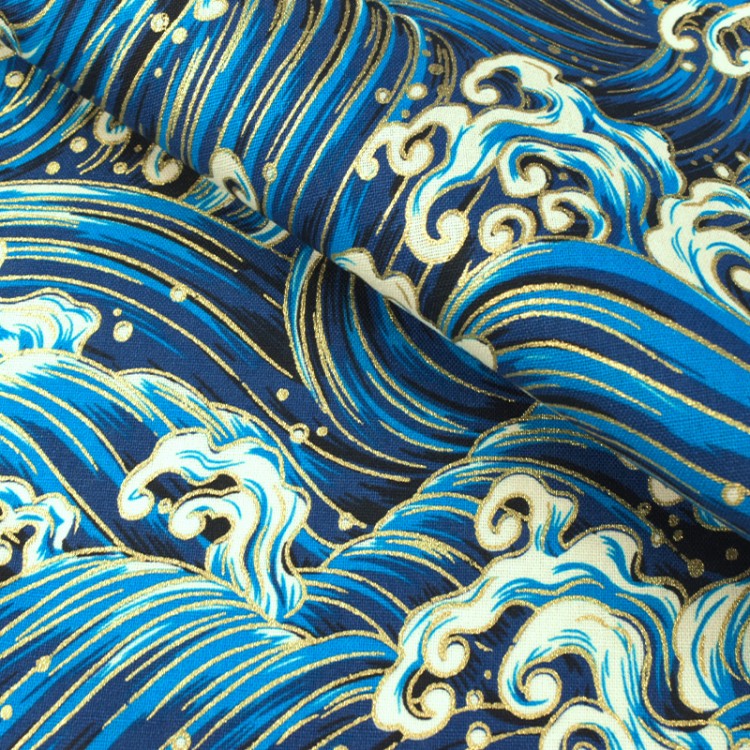 Tissu coton foil - Vague Bleu