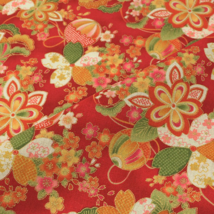 Tissu coton foil - Fleur rouge