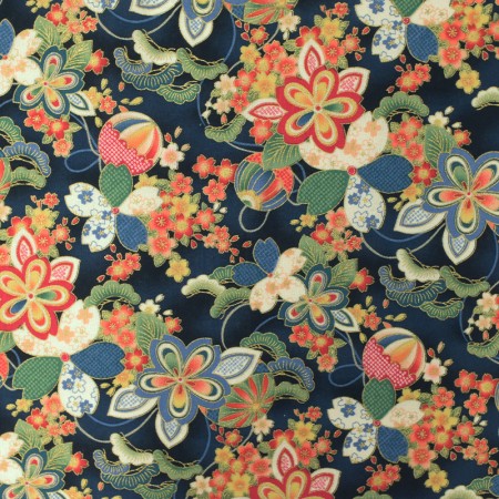 Tissu coton foil - Fleur bleu