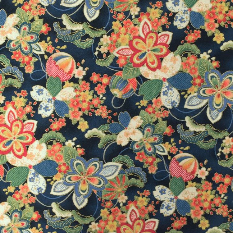 Tissu coton foil - Fleur bleu