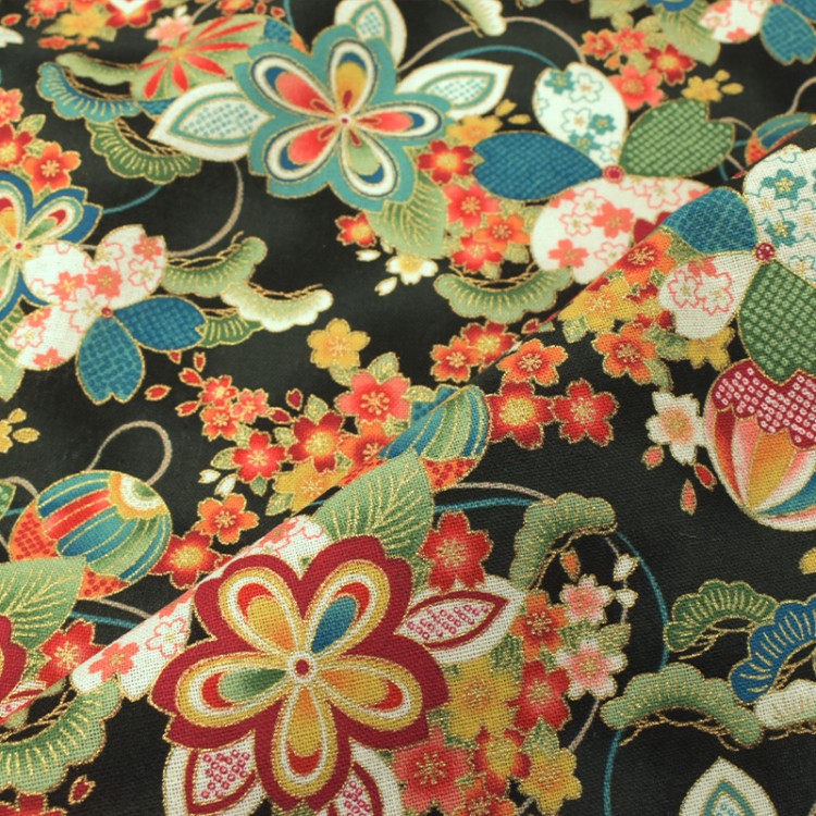 Tissu coton foil - Fleur noir