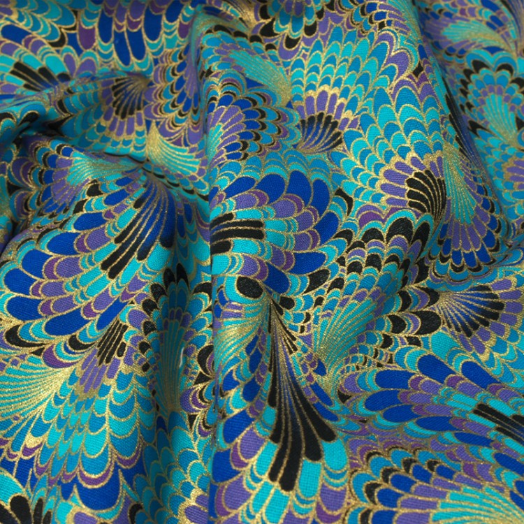 Tissu coton foil - Paon bleu
