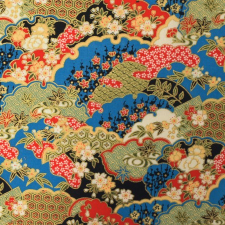 Tissu coton foil - Fleurs turquoise