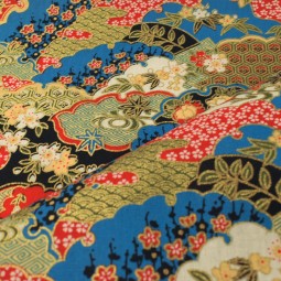 Tissu coton foil - Fleurs turquoise