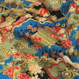 Tissu coton foil - Fleurs turquoise