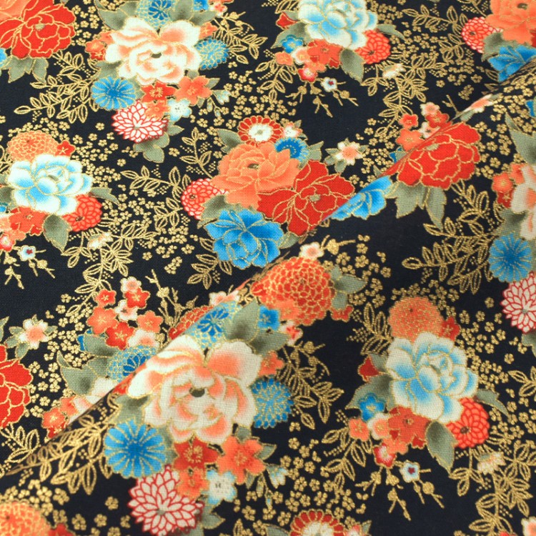 Tissu coton foil - Bouquet noir