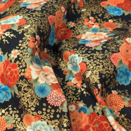 Tissu coton foil - Bouquet noir