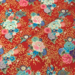 Tissu coton foil - Bouquet rouge