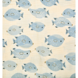 Tissu double gaze - Fish écru bleu