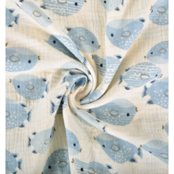 Tissu double gaze - Fish écru bleu